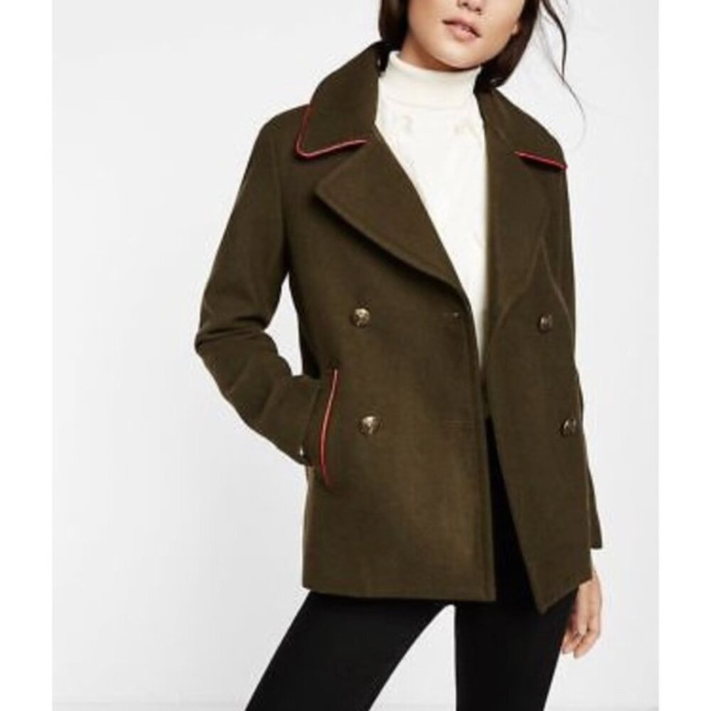 Express XS Army Green Orange Piping Double Breasted Vegan Wool Peacoat Pea Coat